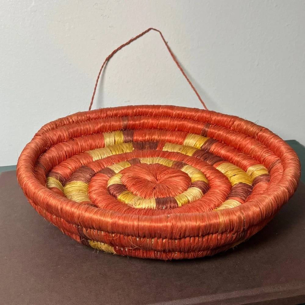 Handwoven Coiled‎ Natural Fiber Colorful Orange Hanging Basket Vintage